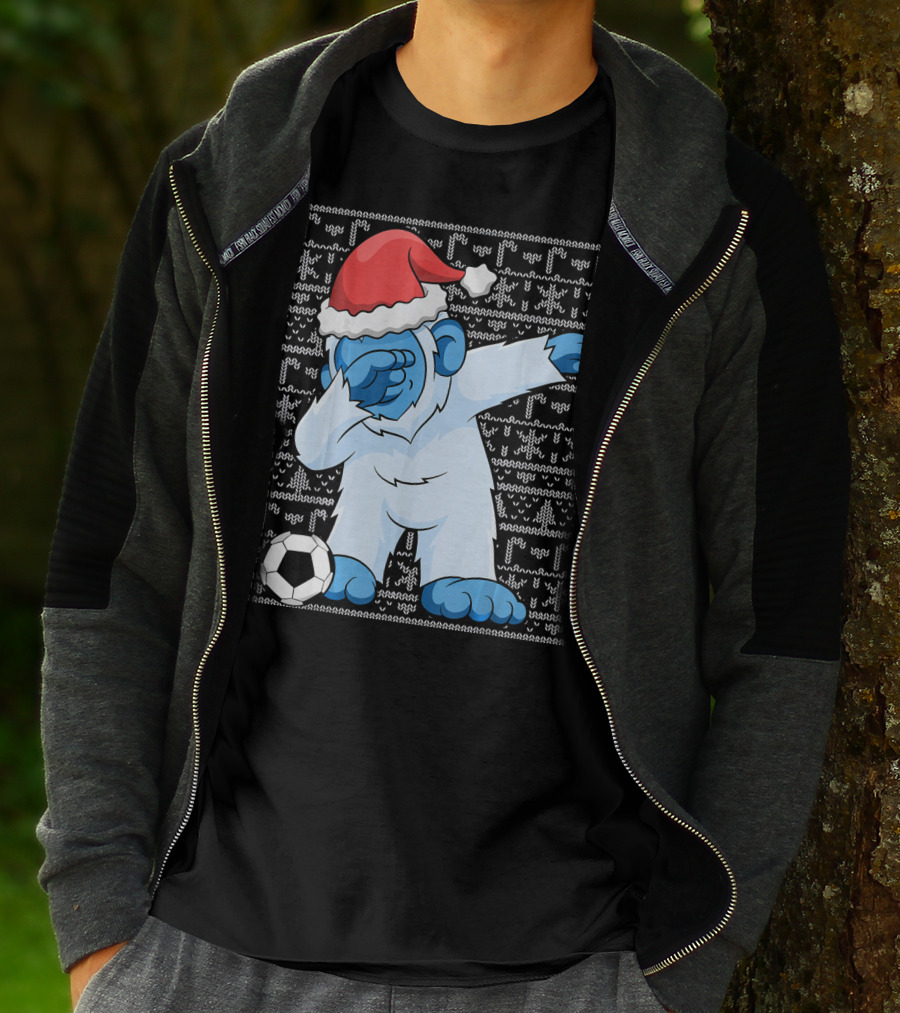 Dabbing Abominable Snowman Santa With Soccer Ball Holiday Ugly T-Shirt
