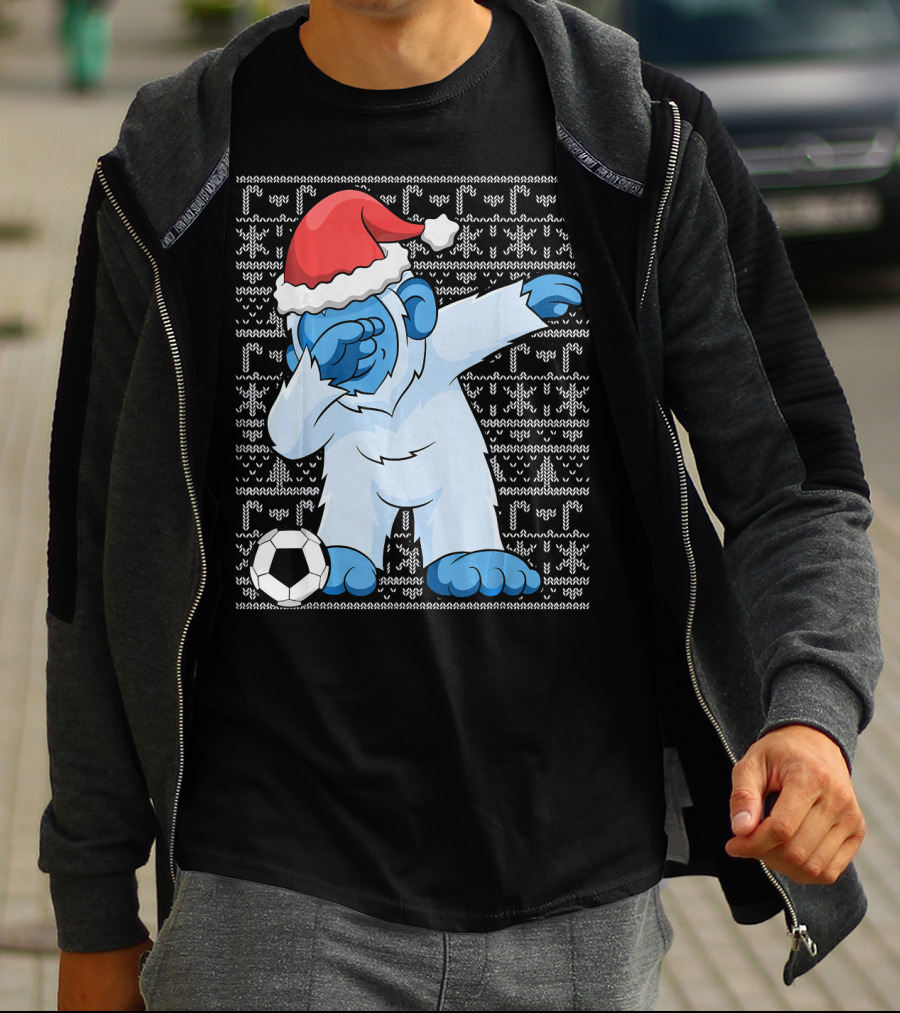 Dabbing Abominable Snowman Santa With Soccer Ball Holiday Ugly T-Shirt