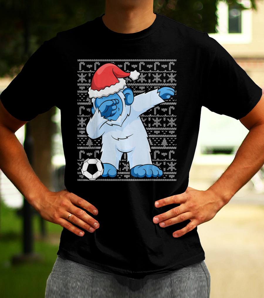 Dabbing Abominable Snowman Santa With Soccer Ball Holiday Ugly T-Shirt