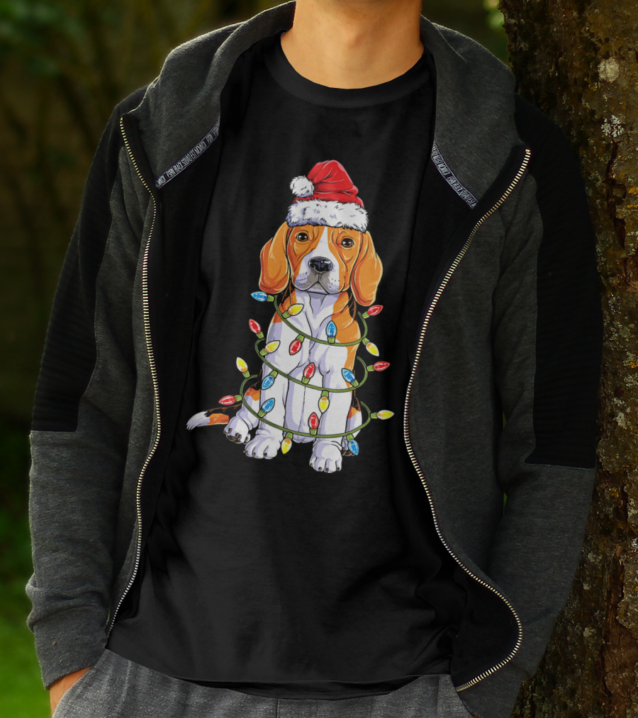 Beagle Wrapped In Christmas Lights With Santa Hat T-Shirt