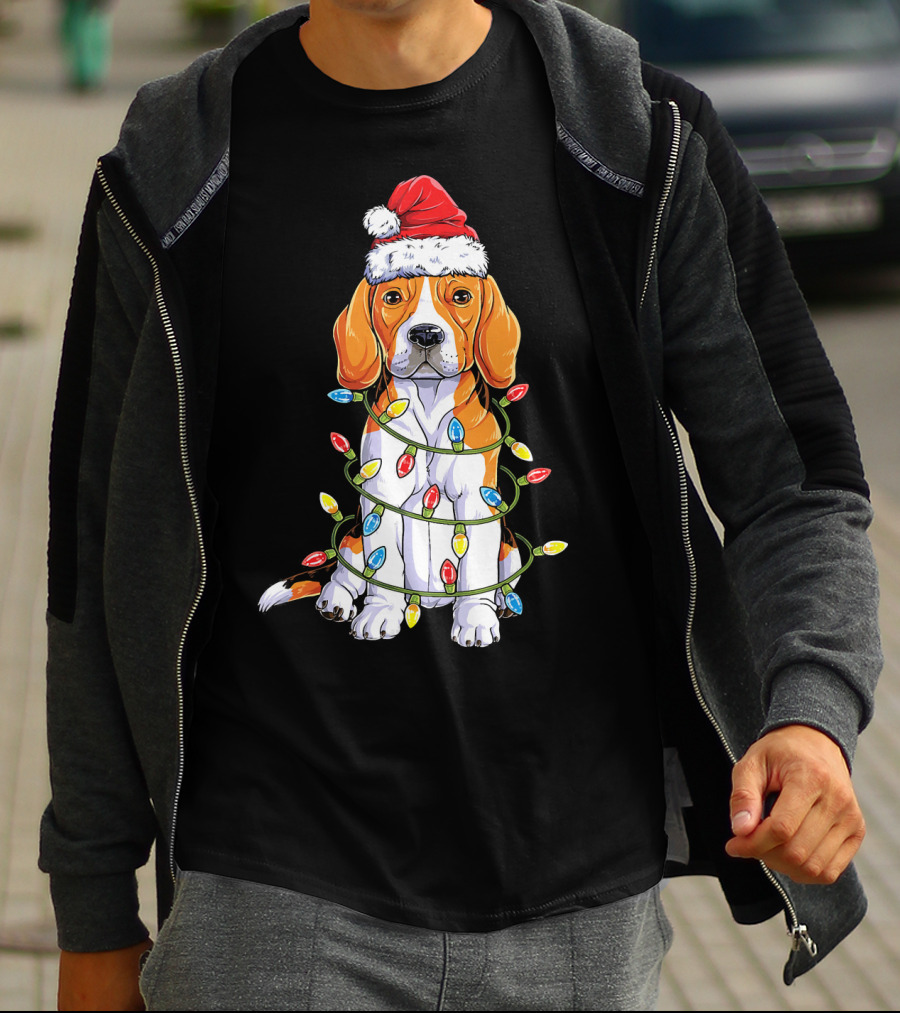 Beagle Wrapped In Christmas Lights With Santa Hat T-Shirt