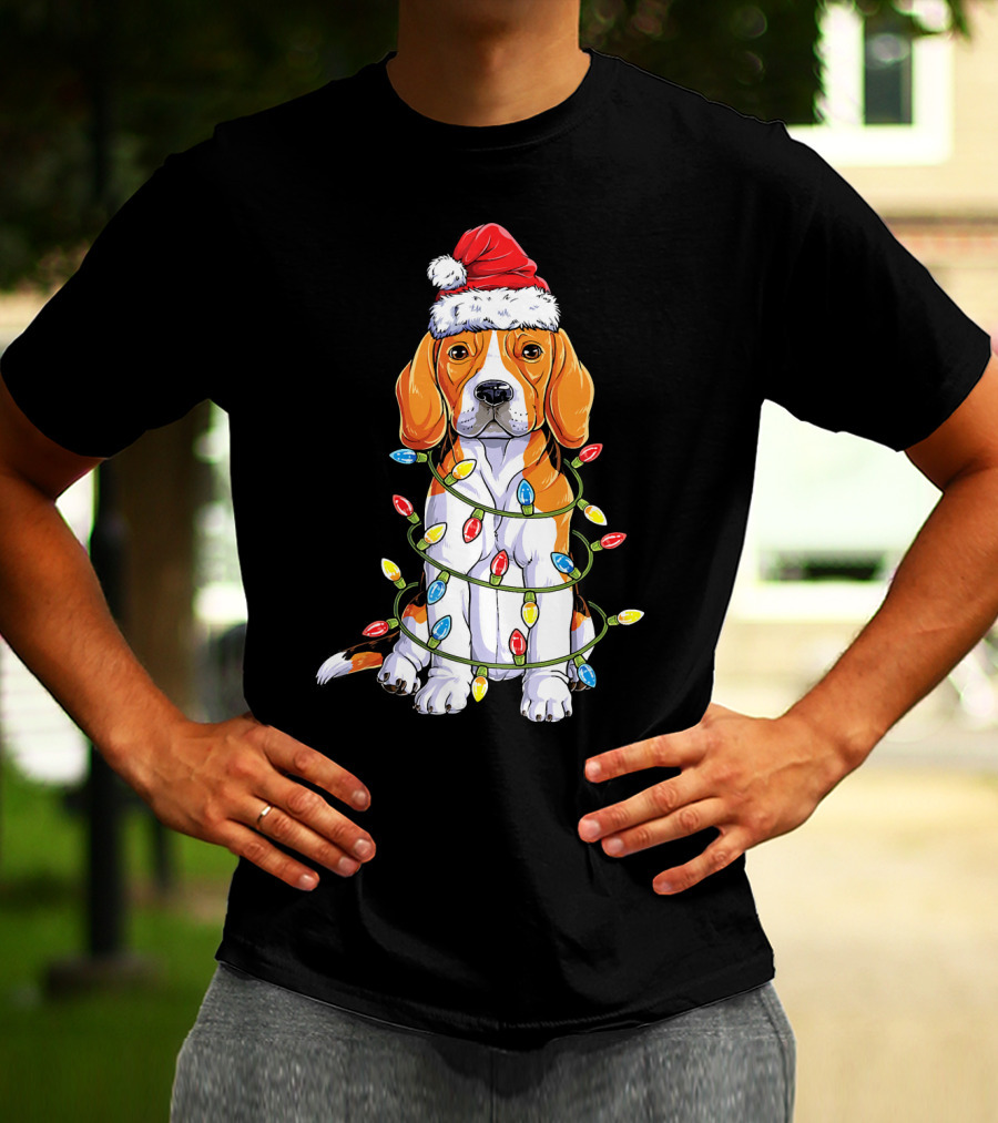 Beagle Wrapped In Christmas Lights With Santa Hat T-Shirt