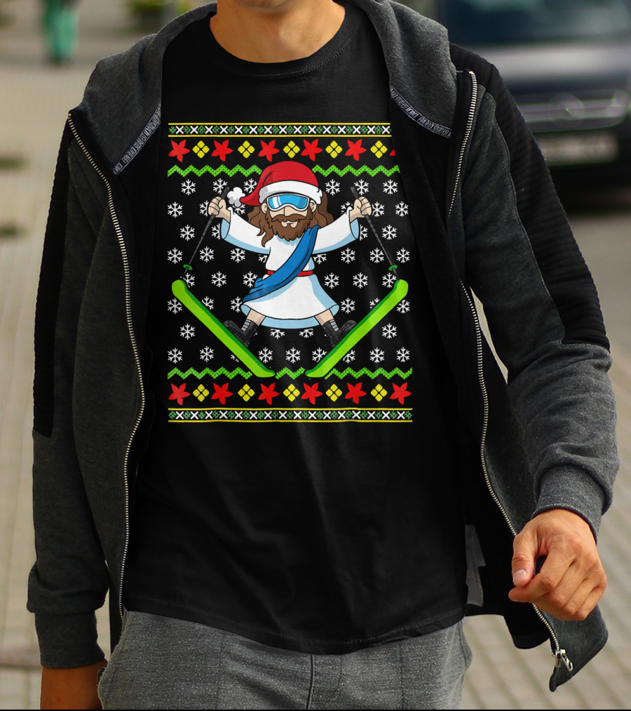 Ugly Christmas Kids Jesus Skiing Santa Hat Snowflakes T-Shirt
