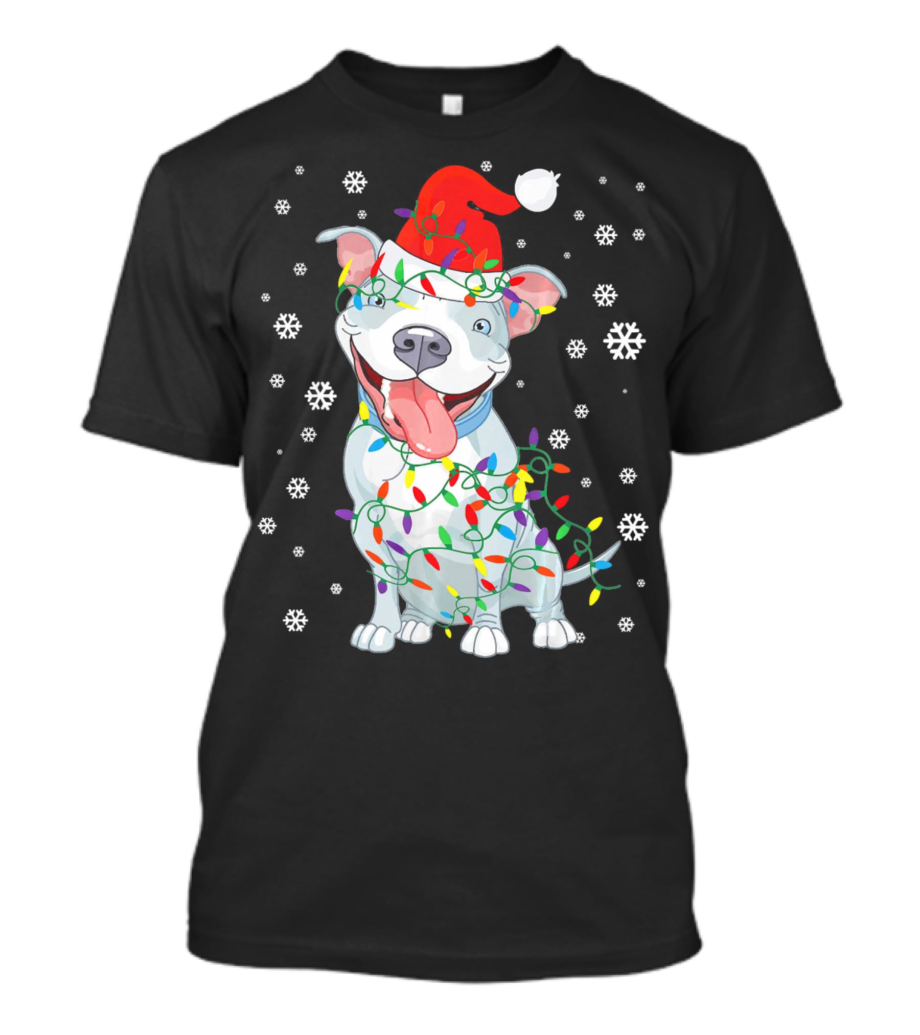 Pitbull Wrapped In Christmas Lights With Santa Hat And Snowflakes T-Shirt