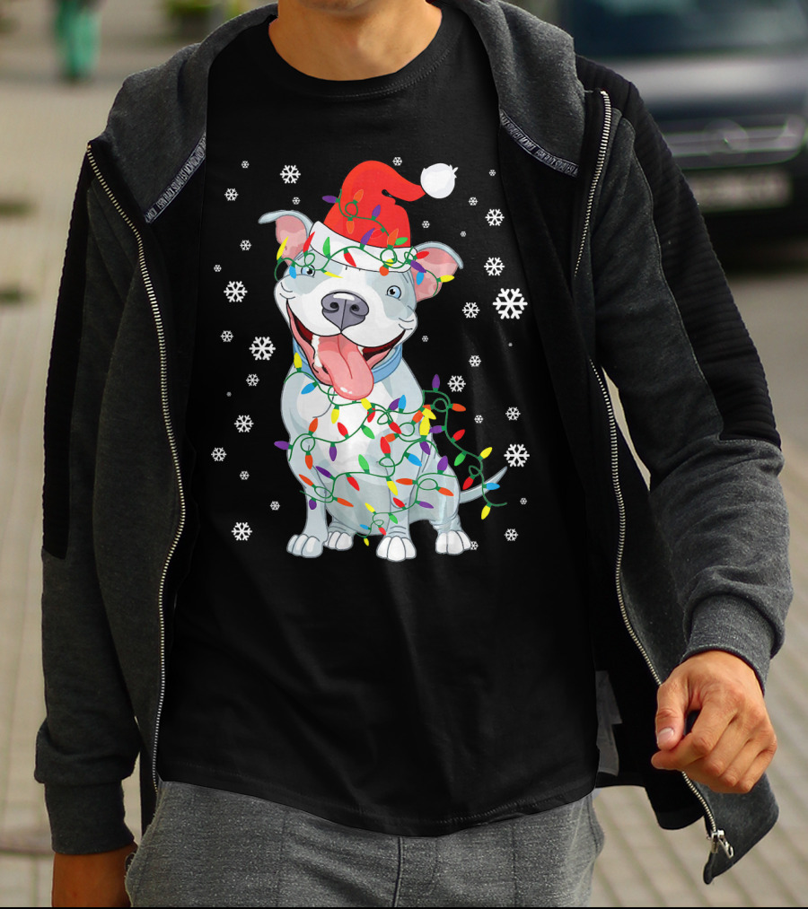 Pitbull Wrapped In Christmas Lights With Santa Hat And Snowflakes T-Shirt