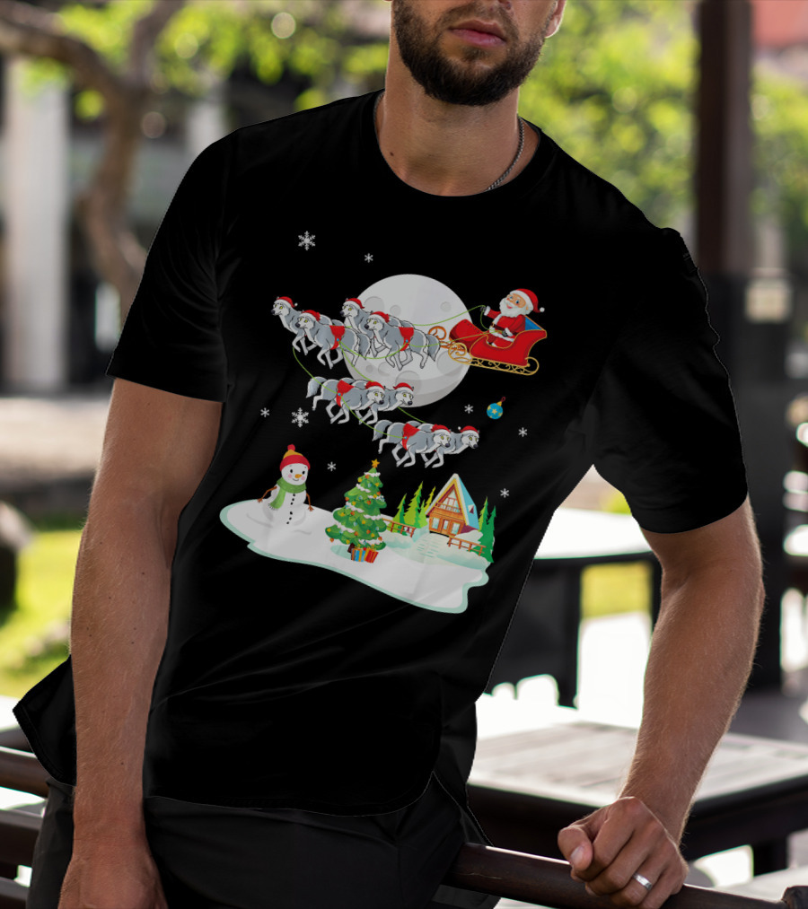 Santa Claus Sleigh Riding Over Snowman And Christmas Scene With Wolves T-Shirt