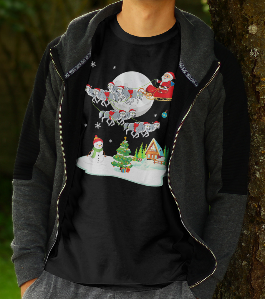 Santa Claus Sleigh Riding Over Snowman And Christmas Scene With Wolves T-Shirt