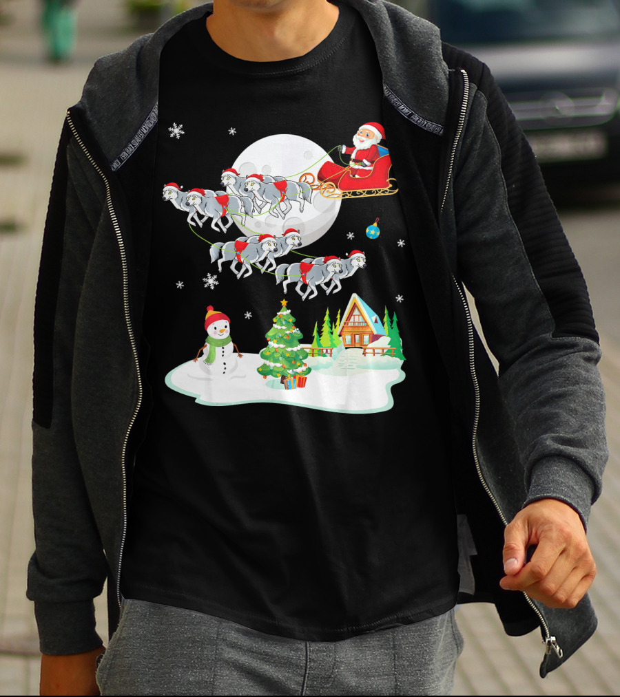 Santa Claus Sleigh Riding Over Snowman And Christmas Scene With Wolves T-Shirt