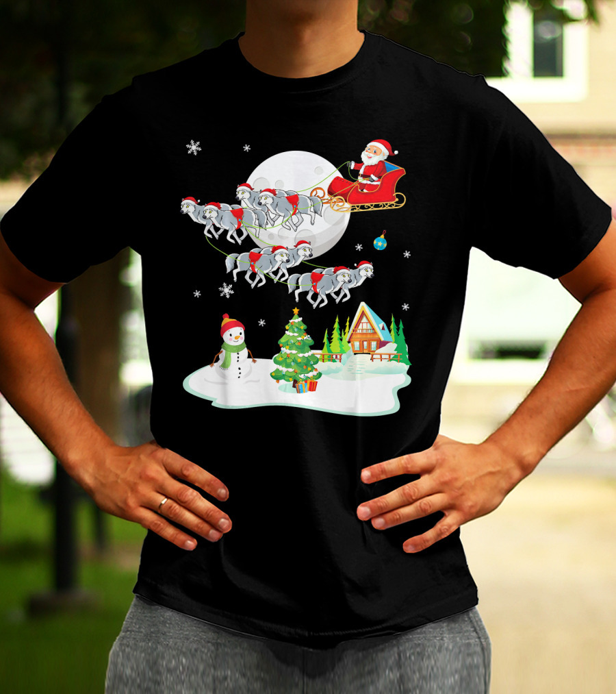 Santa Claus Sleigh Riding Over Snowman And Christmas Scene With Wolves T-Shirt