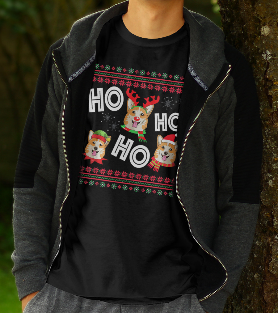 HO HO HO Corgi Funny Dog Reindeer Elf Santa Hats Snowflakes Christmas Holiday T-Shirt