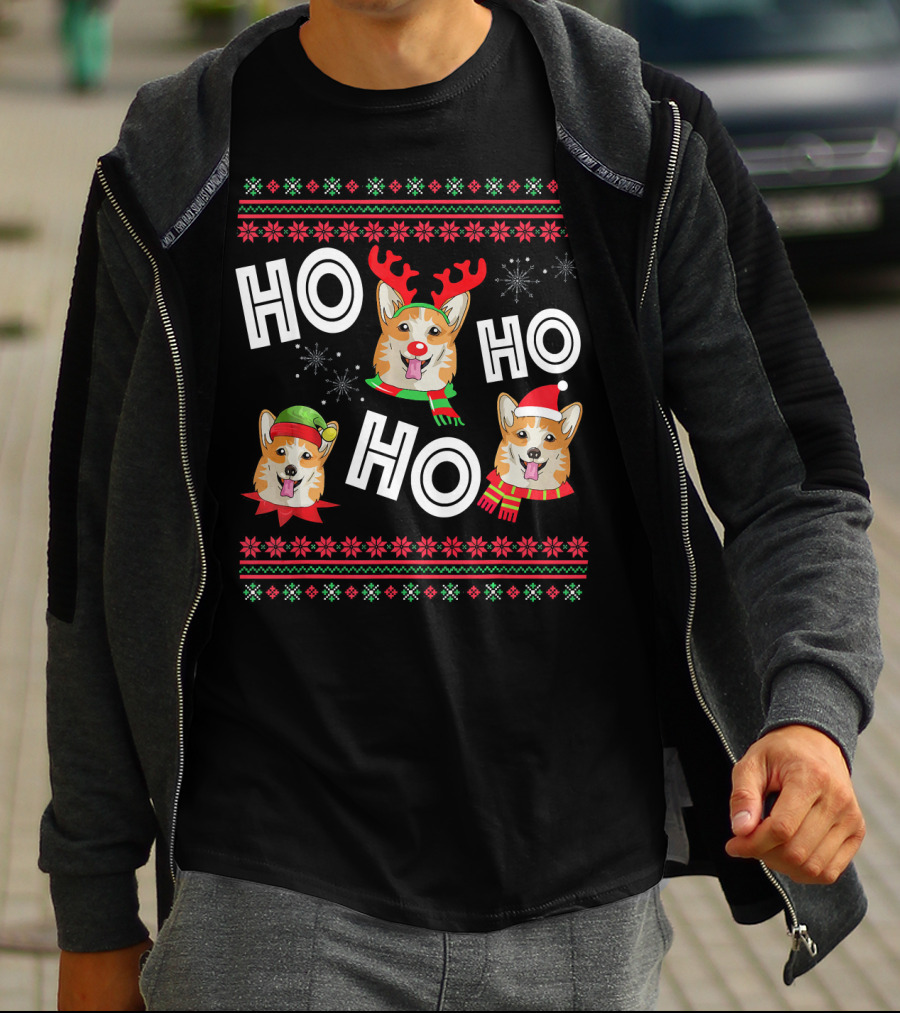 HO HO HO Corgi Funny Dog Reindeer Elf Santa Hats Snowflakes Christmas Holiday T-Shirt