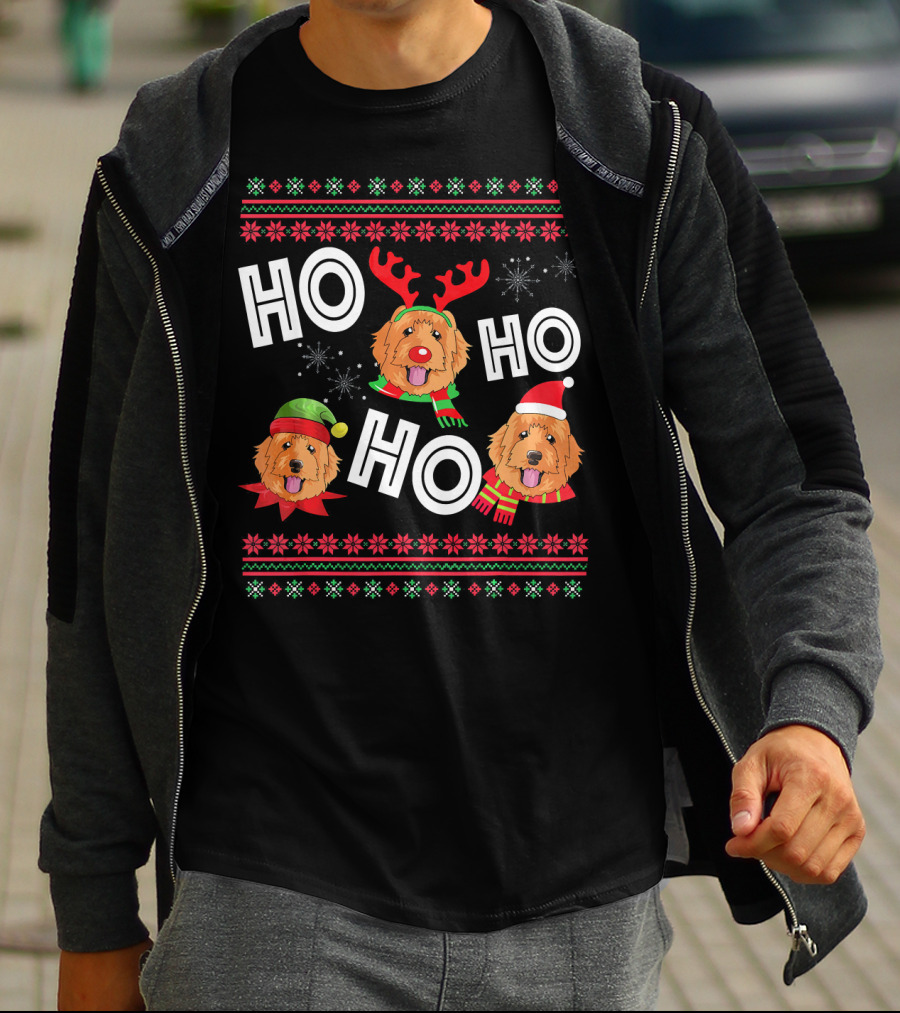 HO HO HO Golden Doodle Funny Dog Christmas Antlers Santa Hat Snowflakes T-Shirt