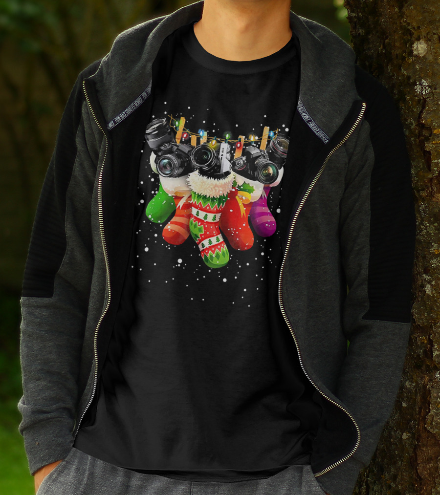 Christmas Stocking Cameras With Festive Lights For Photography Lovers T-Shirt