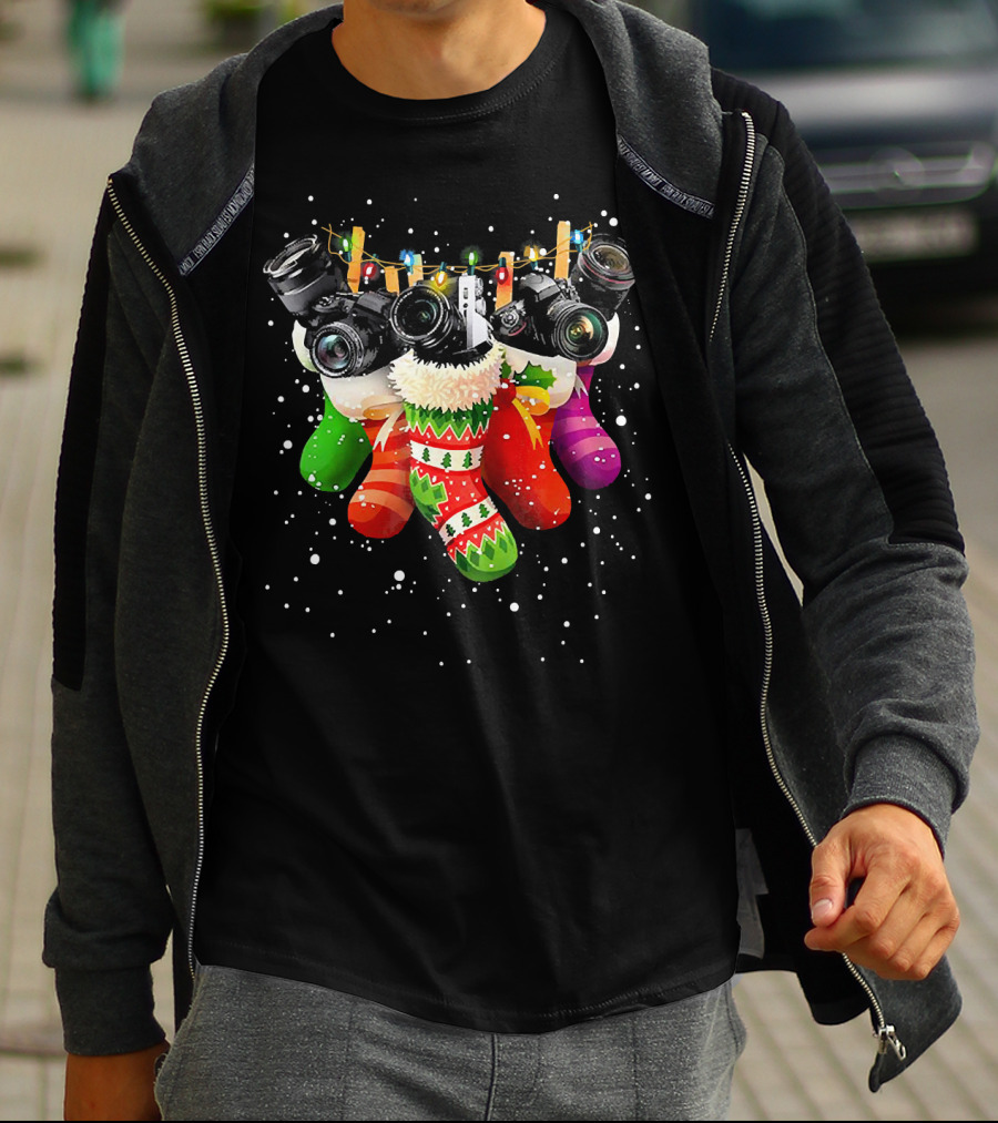 Christmas Stocking Cameras With Festive Lights For Photography Lovers T-Shirt