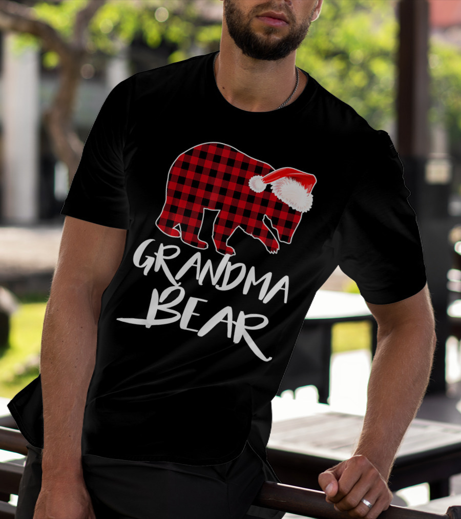 Grandma Bear Red Plaid Santa Hat T-Shirt