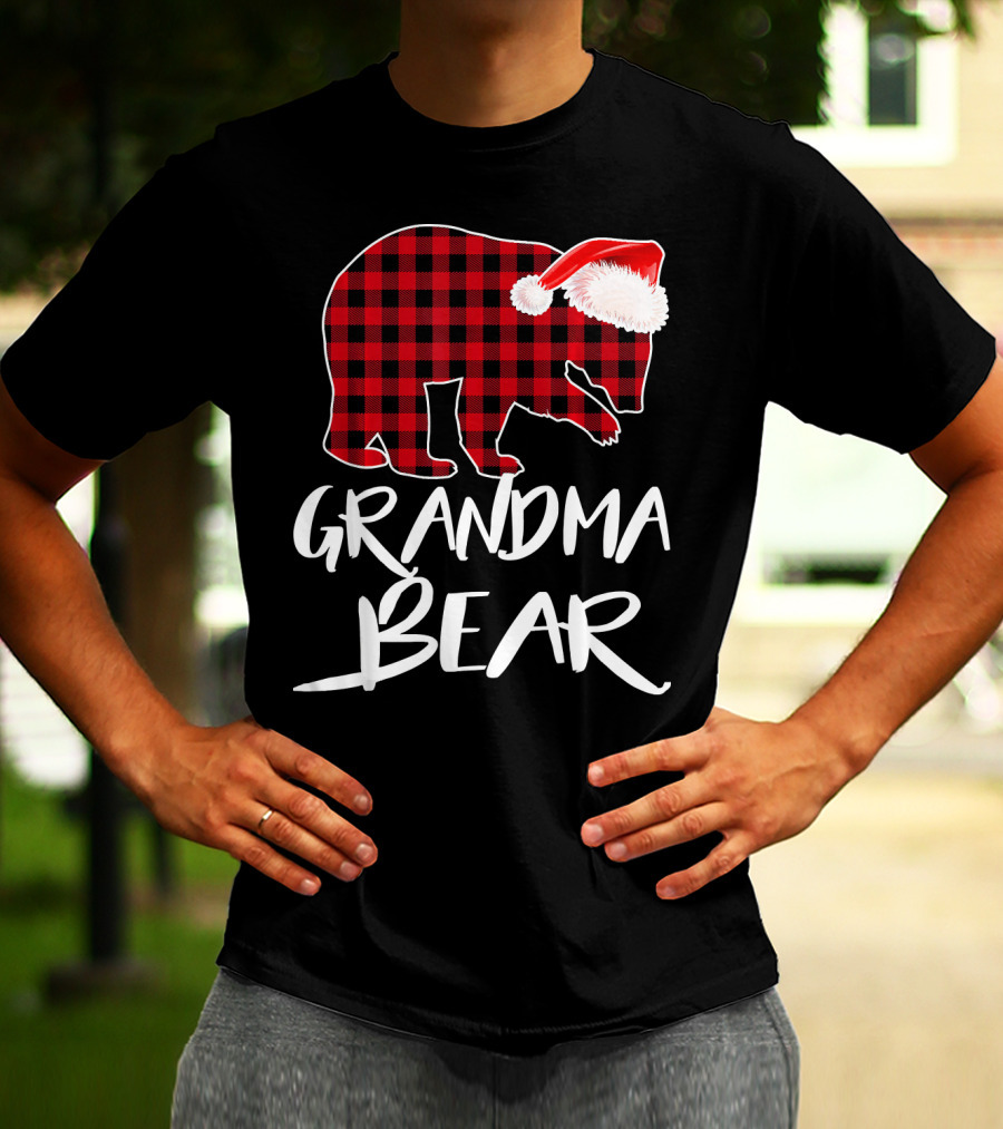 Grandma Bear Red Plaid Santa Hat T-Shirt