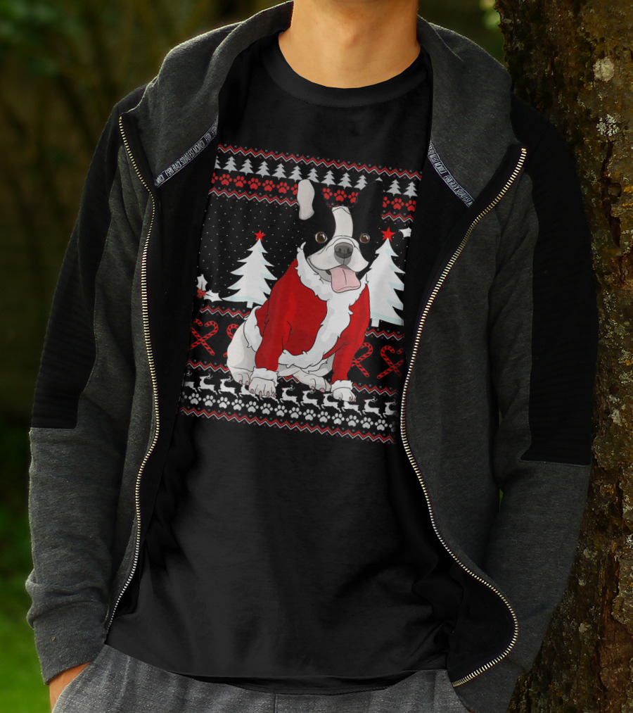 Cute French Bulldog Christmas Sweater With Santa Outfit And Holiday Trees T-Shirt