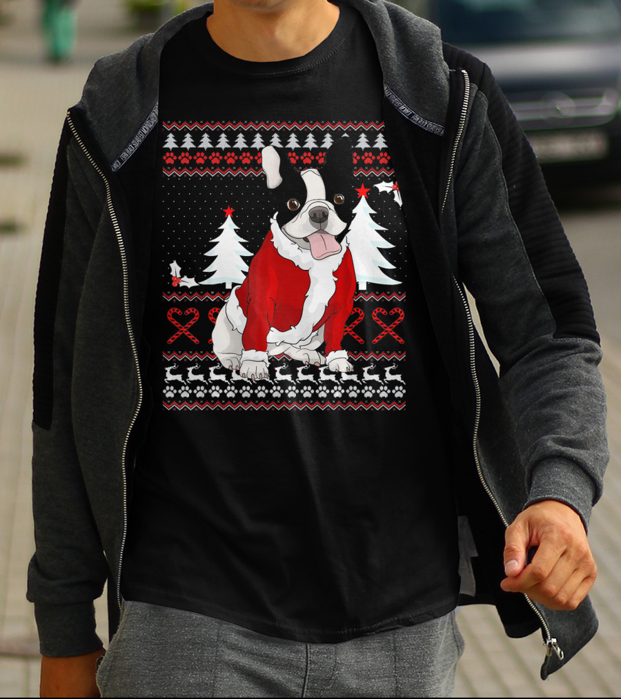 Cute French Bulldog Christmas Sweater With Santa Outfit And Holiday Trees T-Shirt