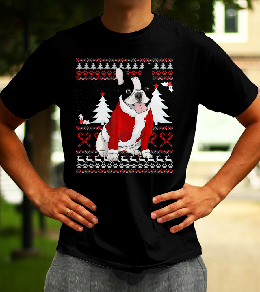Cute French Bulldog Christmas Sweater With Santa Outfit And Holiday Trees T-Shirt