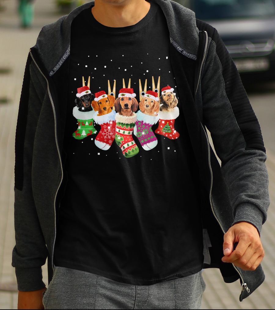 Christmas Socks Dachshund Santa Hats Snowflakes T-Shirt