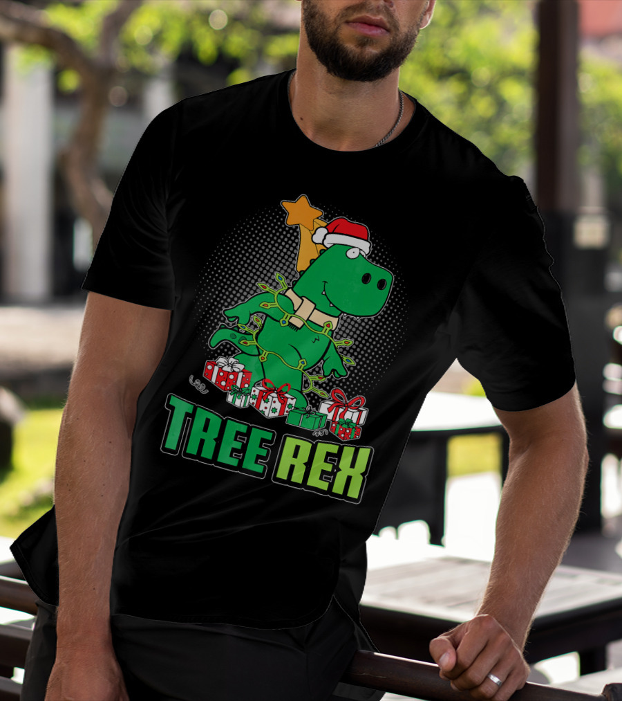 Tree Rex Funny Cute Christmas Dinosaur With Santa Hat And Gifts T-Shirt