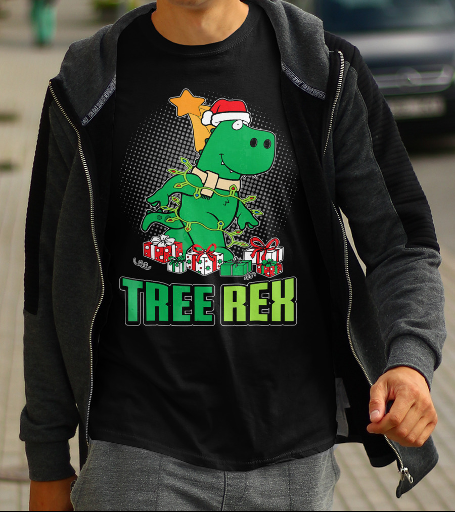 Tree Rex Funny Cute Christmas Dinosaur With Santa Hat And Gifts T-Shirt