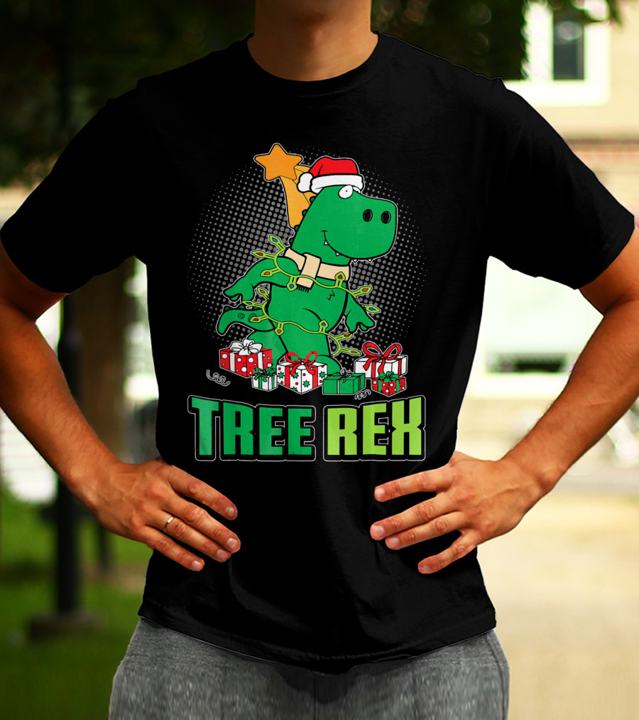 Tree Rex Funny Cute Christmas Dinosaur With Santa Hat And Gifts T-Shirt