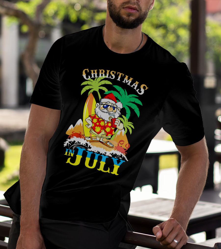 Christmas In July Santa Tropical Surf Vibes T-Shirt