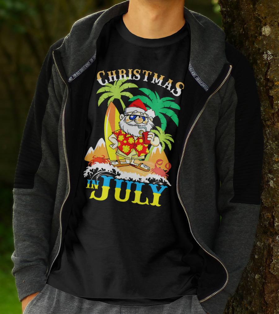 Christmas In July Santa Tropical Surf Vibes T-Shirt