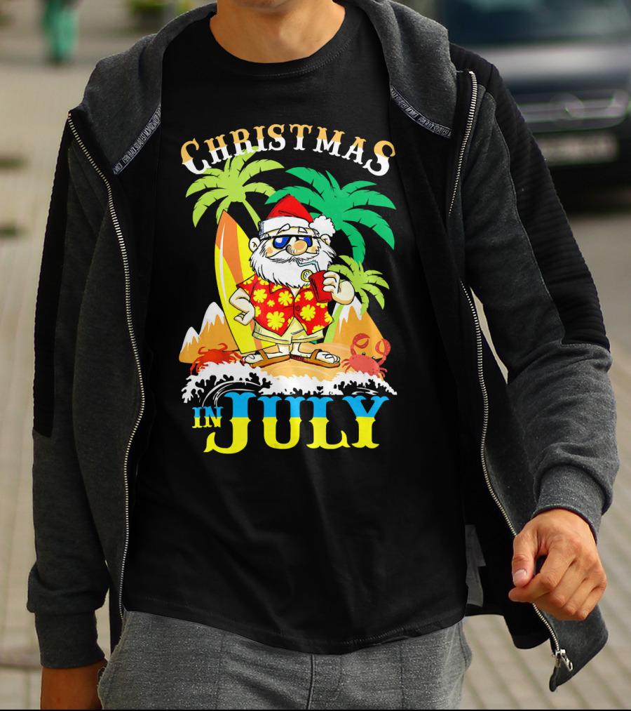 Christmas In July Santa Tropical Surf Vibes T-Shirt