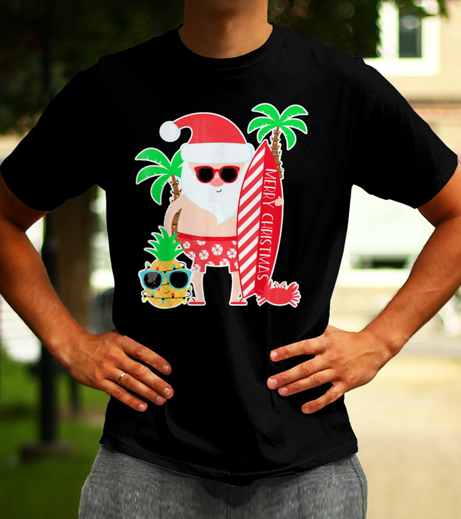 Merry Christmas Santa Surfing Hawaiian Pineapple Palm Trees T-Shirt