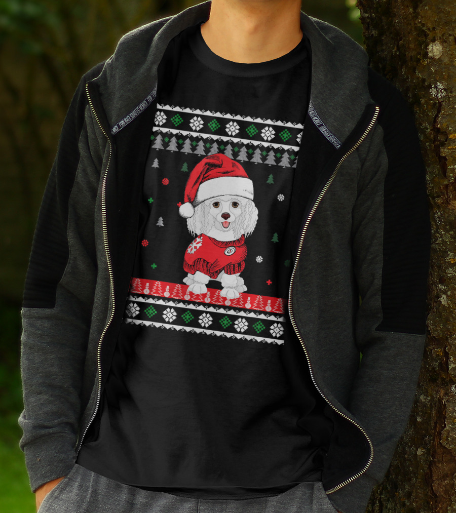 Cute Dog Standard Poodle Santa Hat Christmas Sweater Trees Snowflakes T-Shirt