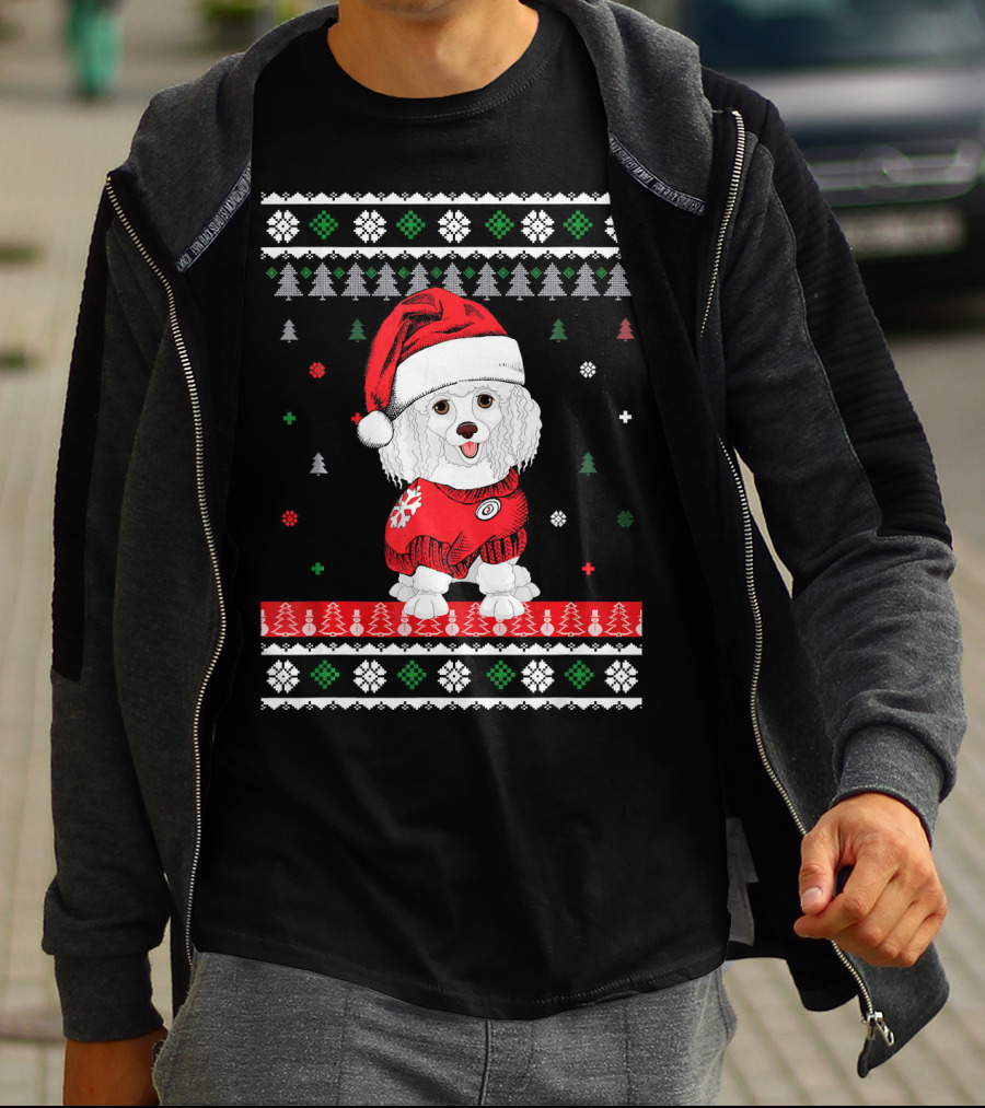 Cute Dog Standard Poodle Santa Hat Christmas Sweater Trees Snowflakes T-Shirt
