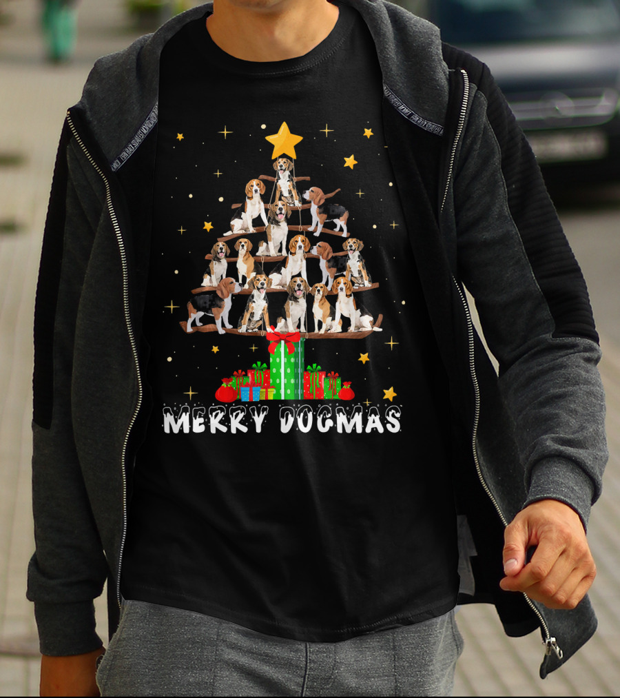 Merry Dogmas Beagle Puppies Christmas Tree With Gifts And Star T-Shirt