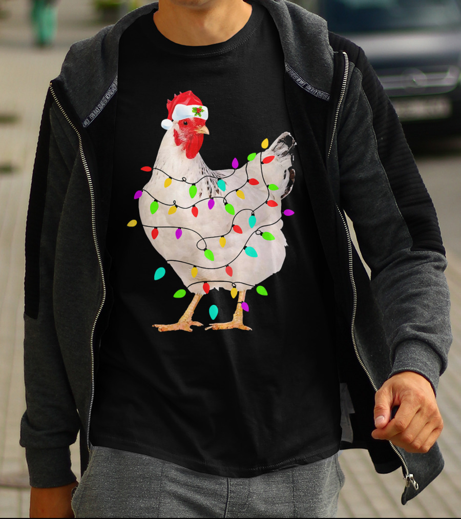 Chicken Christmas Light Funny Chicken Santa Hat Festive Holiday Decor T-Shirt