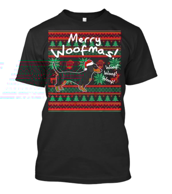 Merry Woofmas Dachshund Dog With Santa Hat Woof Woof Woof Christmas T-Shirt