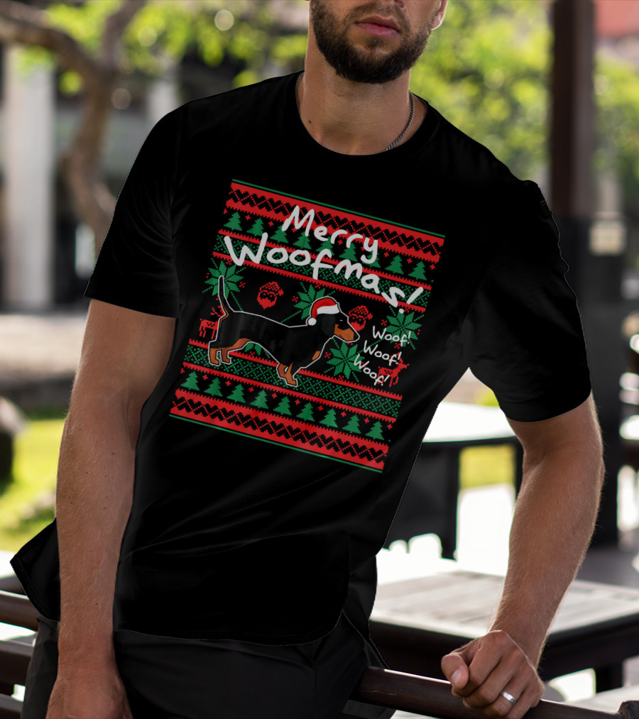 Merry Woofmas Dachshund Dog With Santa Hat Woof Woof Woof Christmas T-Shirt