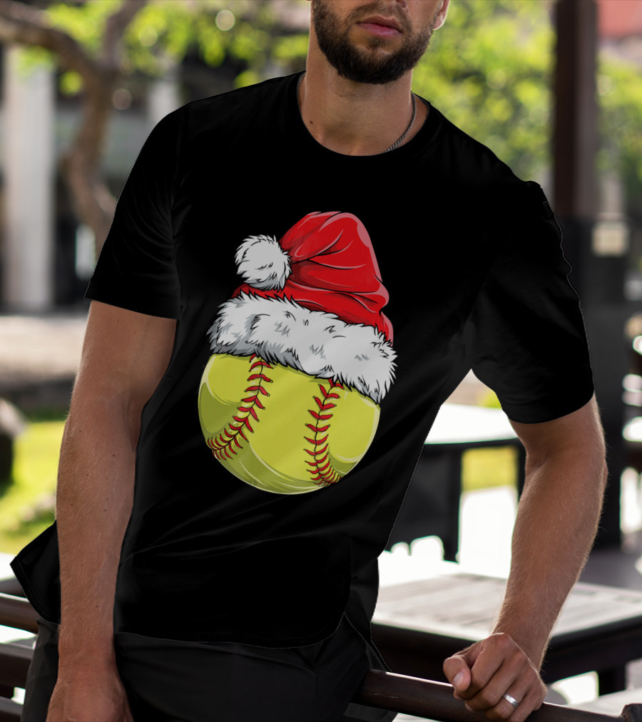 Santa Hat Softball Christmas T-Shirt