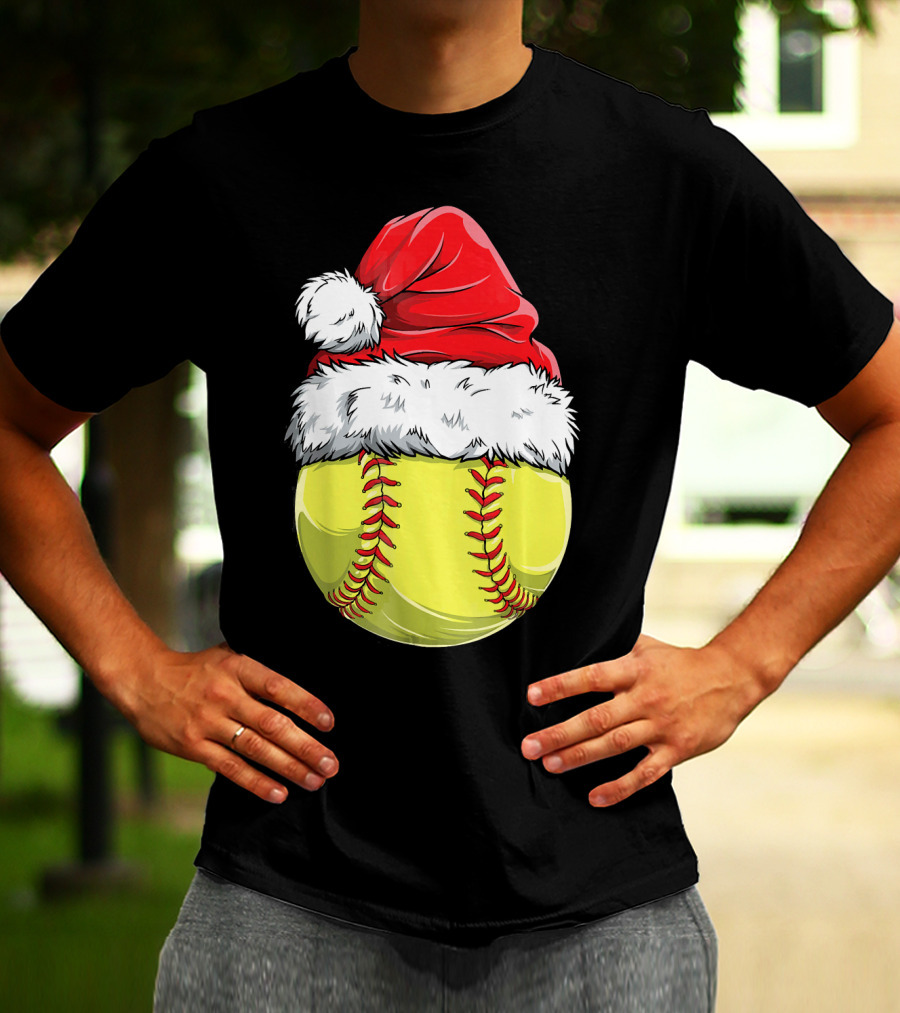 Santa Hat Softball Christmas T-Shirt