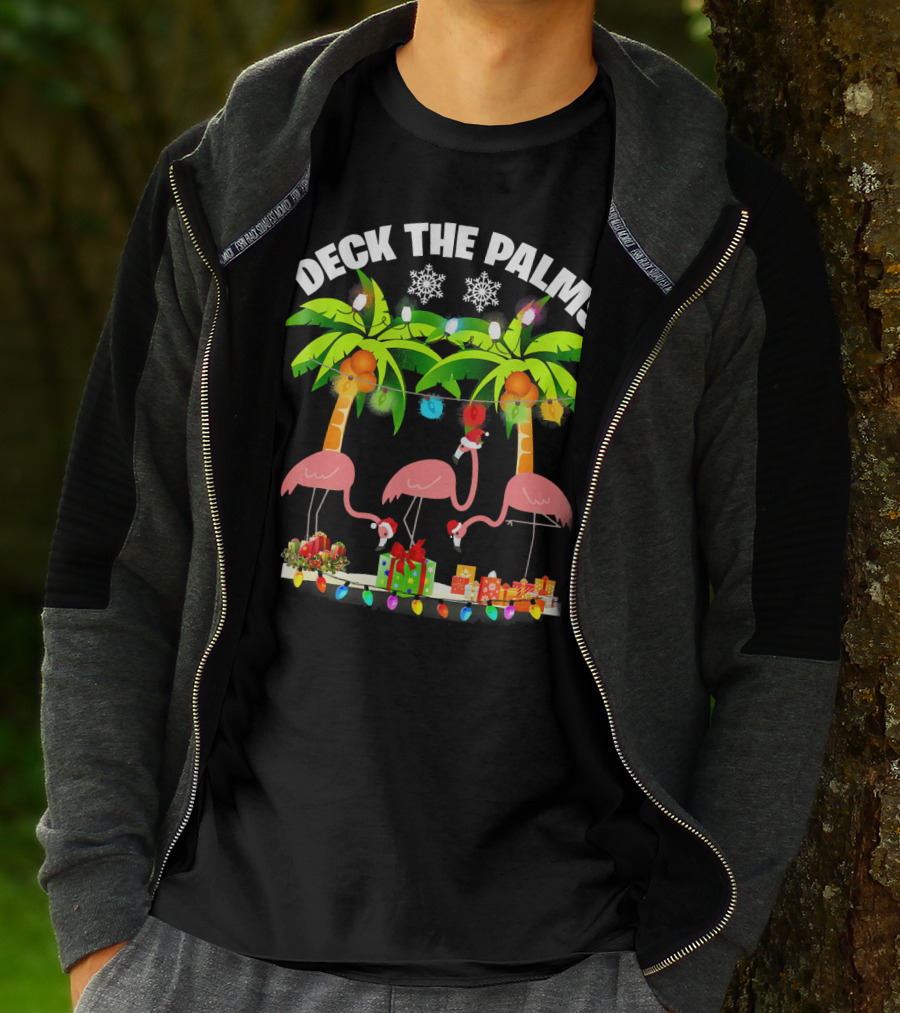 Deck The Palms Flamingo Christmas Lights And Gifts T-Shirt