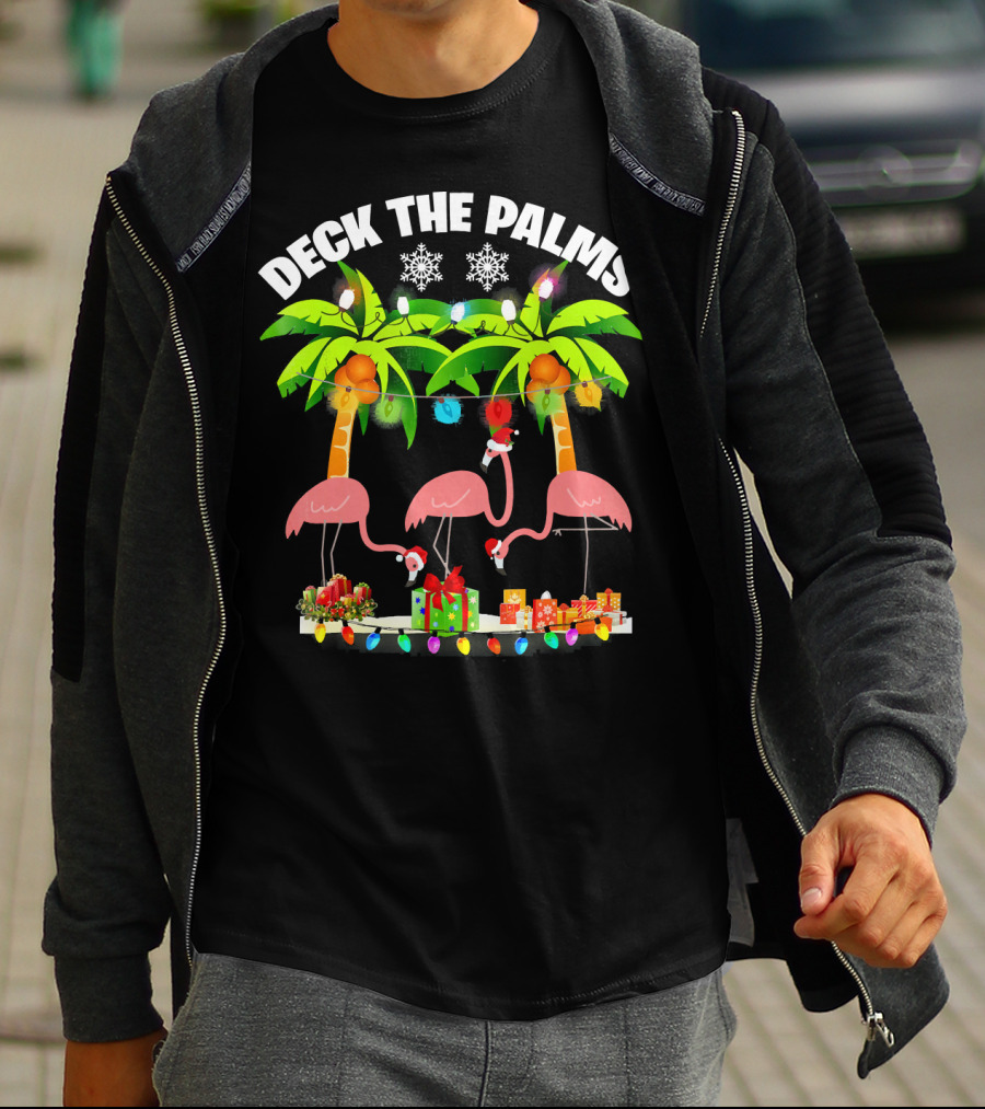 Deck The Palms Flamingo Christmas Lights And Gifts T-Shirt
