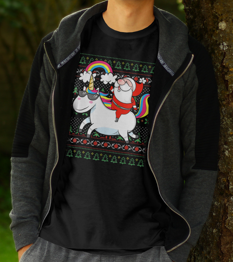 Santa Claus Riding A Rainbow Unicorn Christmas T-Shirt