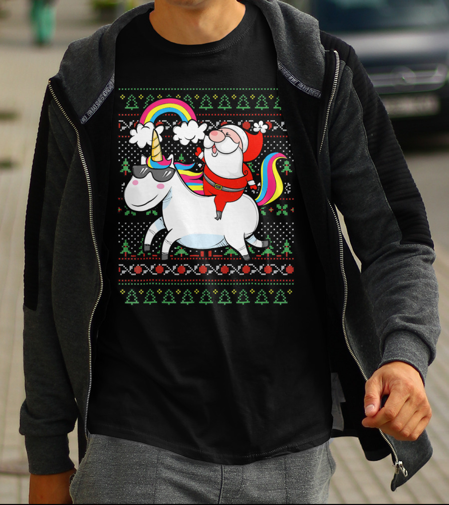 Santa Claus Riding A Rainbow Unicorn Christmas T-Shirt