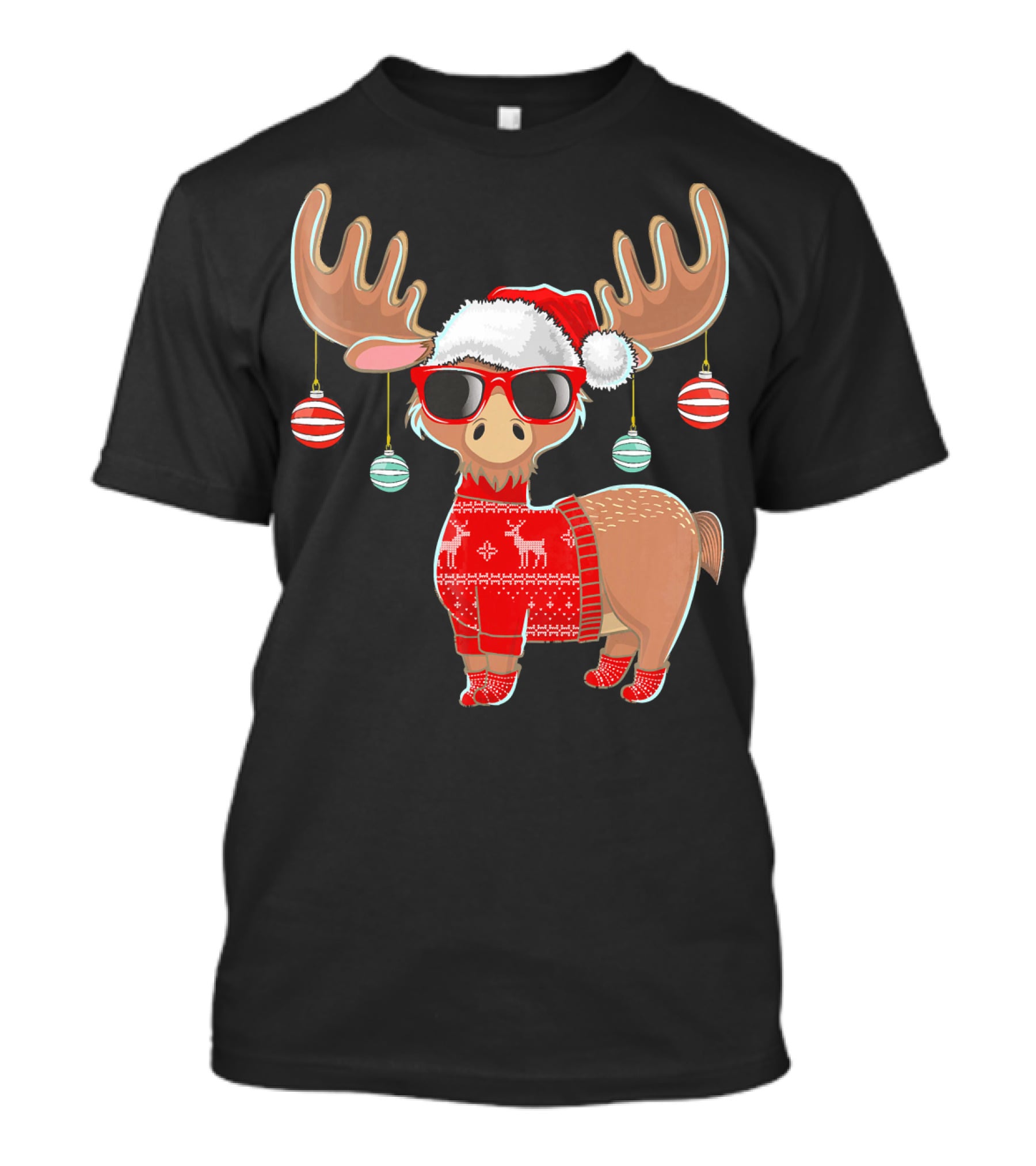 Ugly Christmas Moose Chris With Sweater And Ornaments T-Shirt
