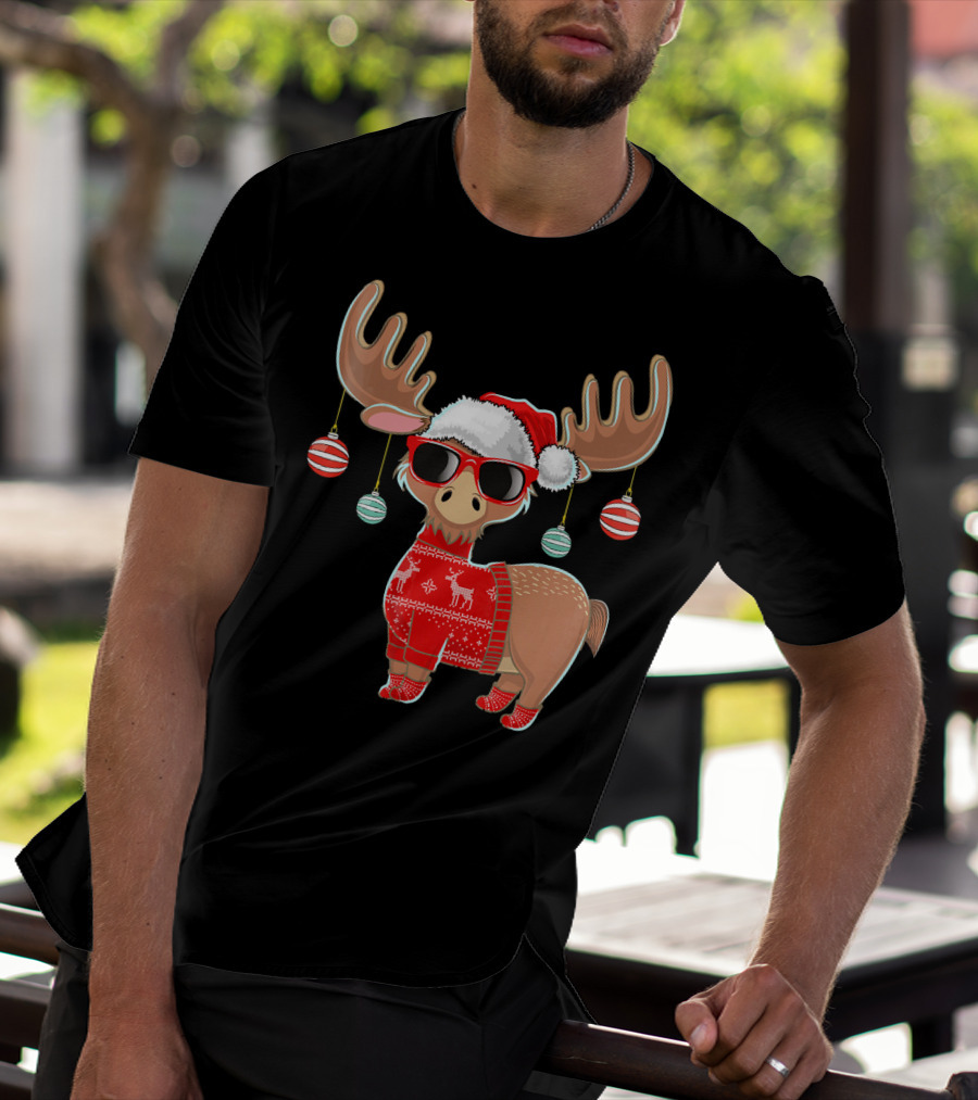 Ugly Christmas Moose Chris With Sweater And Ornaments T-Shirt