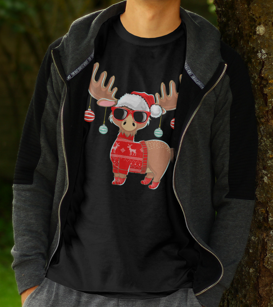 Ugly Christmas Moose Chris With Sweater And Ornaments T-Shirt