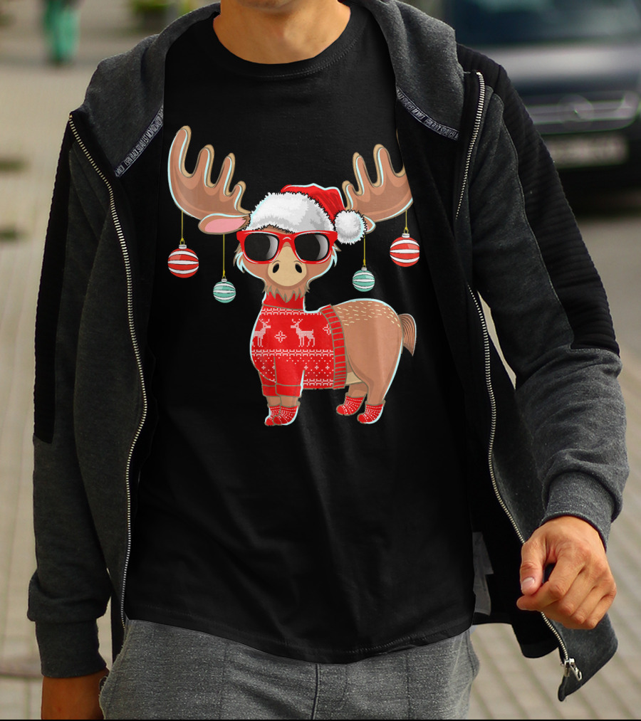 Ugly Christmas Moose Chris With Sweater And Ornaments T-Shirt