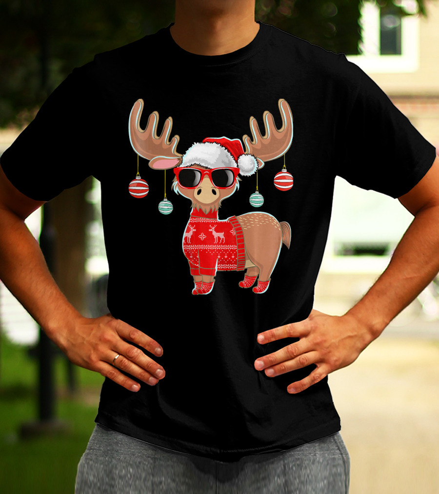 Ugly Christmas Moose Chris With Sweater And Ornaments T-Shirt
