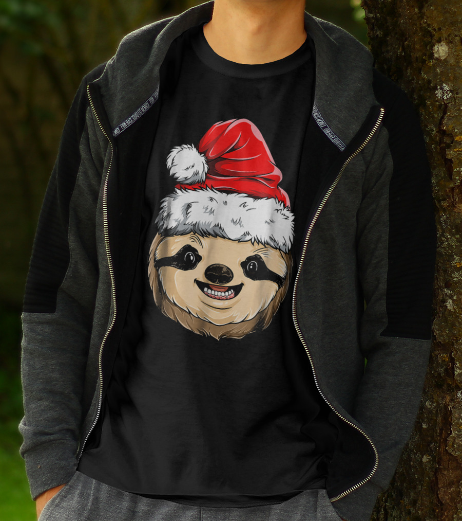 Sloth Santa Christmas Hat Cheerful Face T-Shirt