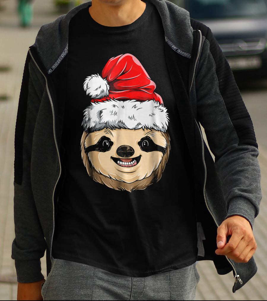 Sloth Santa Christmas Hat Cheerful Face T-Shirt
